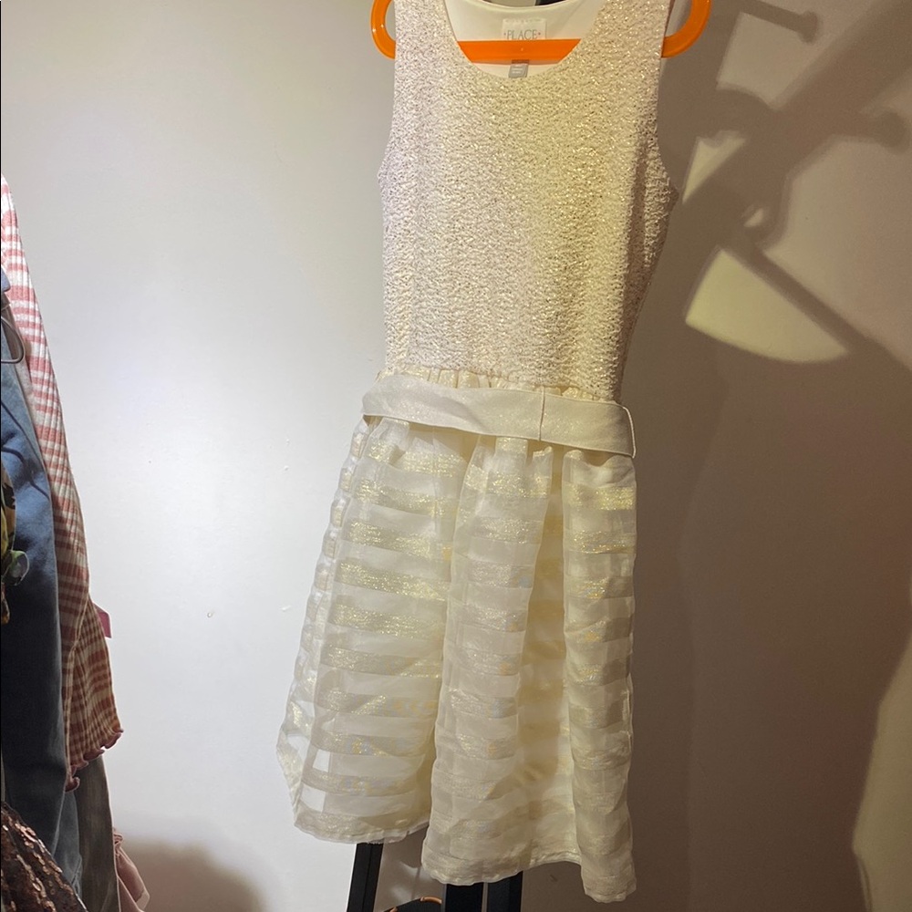 Girls' Cream Textured Party Dress with Sheer Striped Skirt